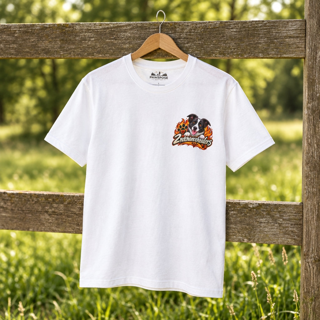 White t-shirt with a logo on a white background