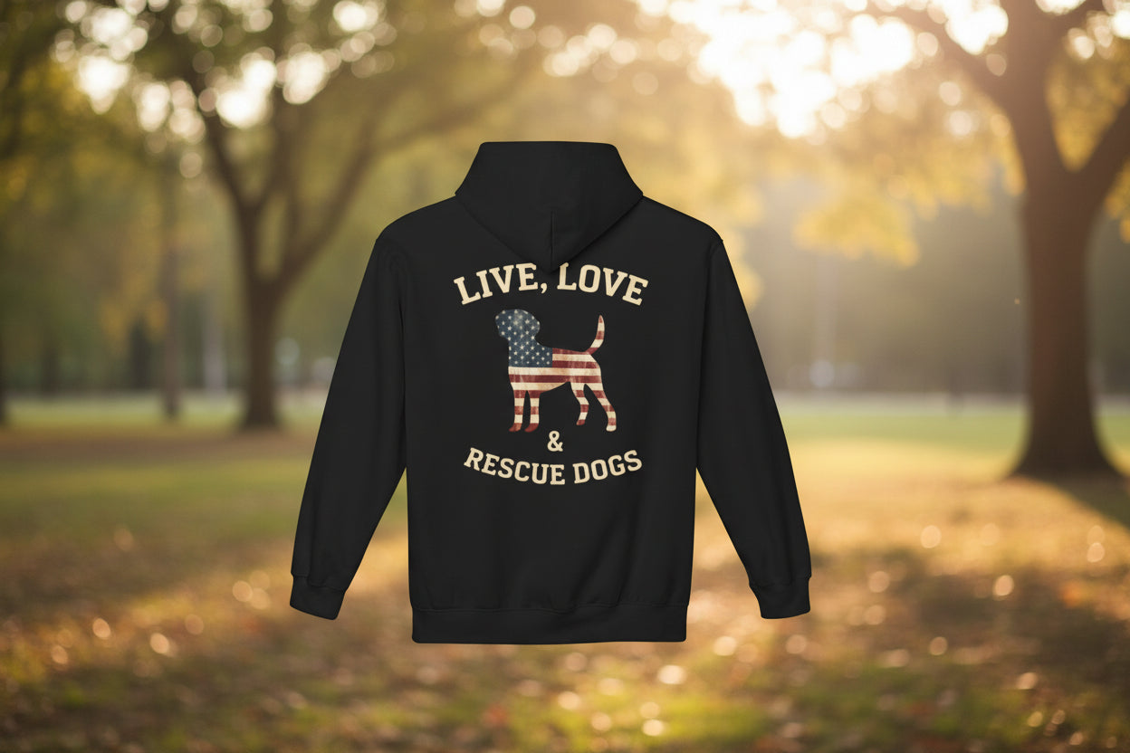 Rescue Dogs American Flag Hoodie "Live, Love & Rescue Dogs" Paw-Lover Pullover