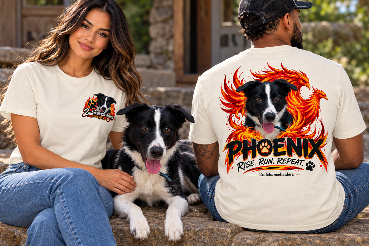 Two seated models beside a black-and-white dog, wearing light cream T-shirts with a small front graphic and a large dog-and-orange-phoenix back design reading “Rise. Run. Repeat.”