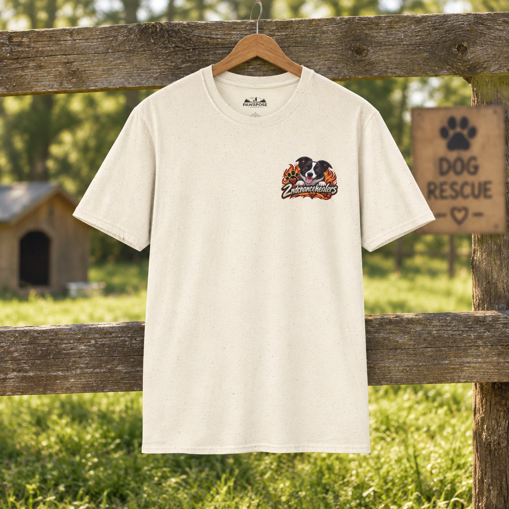 Beige t-shirt with a logo on the chest against a white background