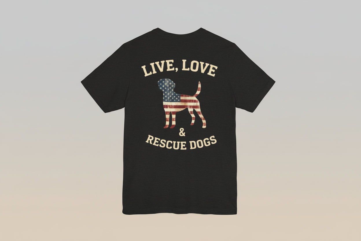 Live, Love & Rescue Dogs T-Shirt American Flag Rescue Dog Tee