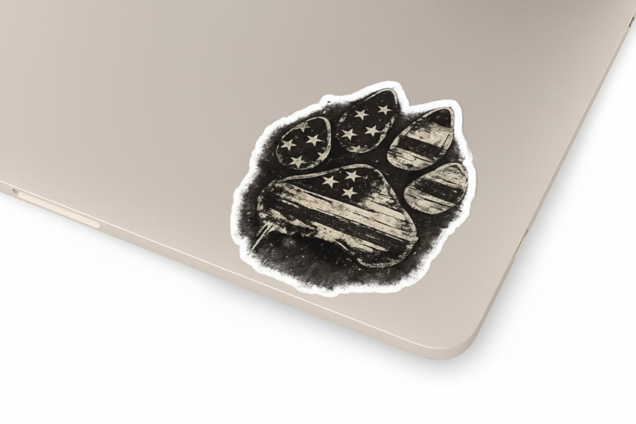 American Flag Paw Print Sticker — Distressed Patriotic Kiss-Cut Sticker