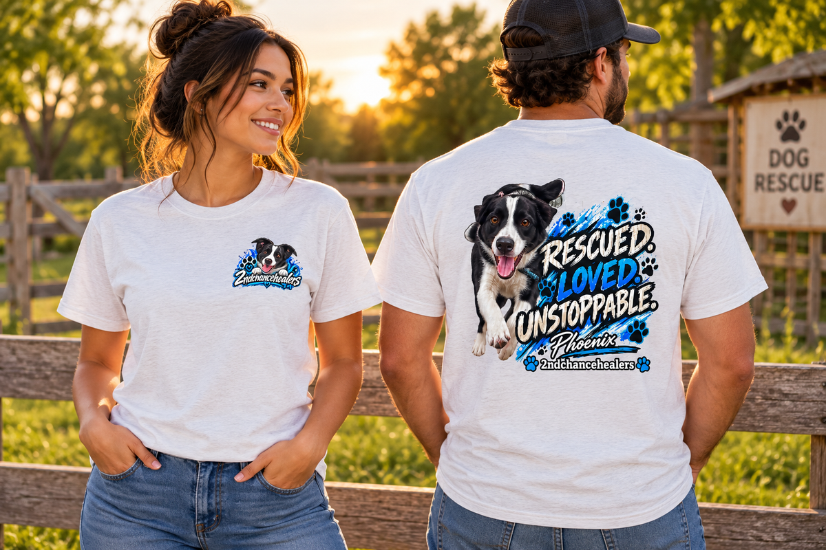 Two models wearing white Phoenix T-shirts, showing a small front dog graphic and a blue-and-black back design reading “Rescued. Loved. Unstoppable.”