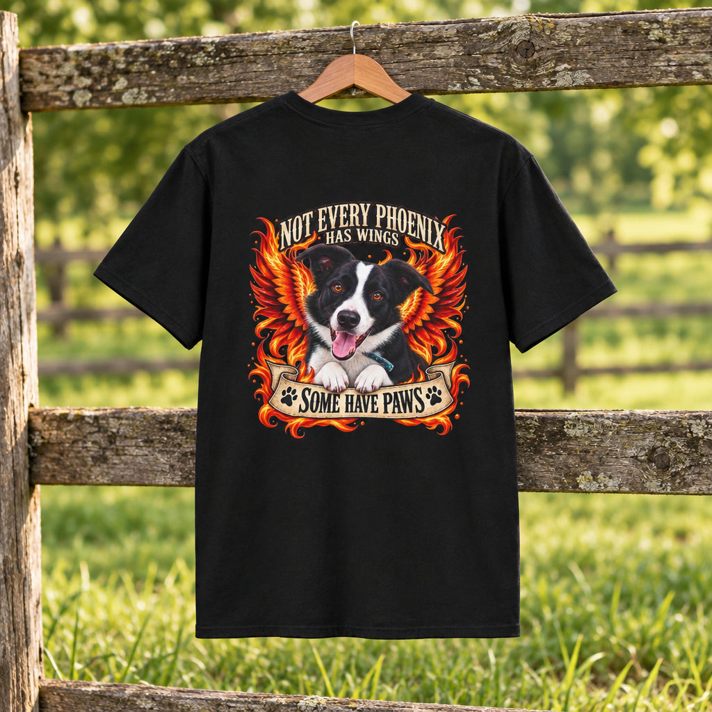 A black short-sleeve t-shirt with a large graphic on the front showing a white and black dog with angel wings and flames, surrounded by the text 'NOT EVERY PHOENIX HAS WINGS' and 'SOME HAVE PAWS'.