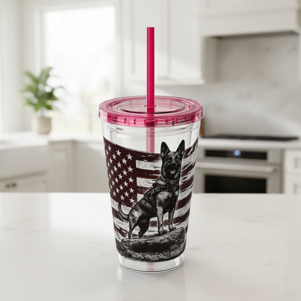 American Flag K9 Tumbler 16oz Insulated Straw Cup