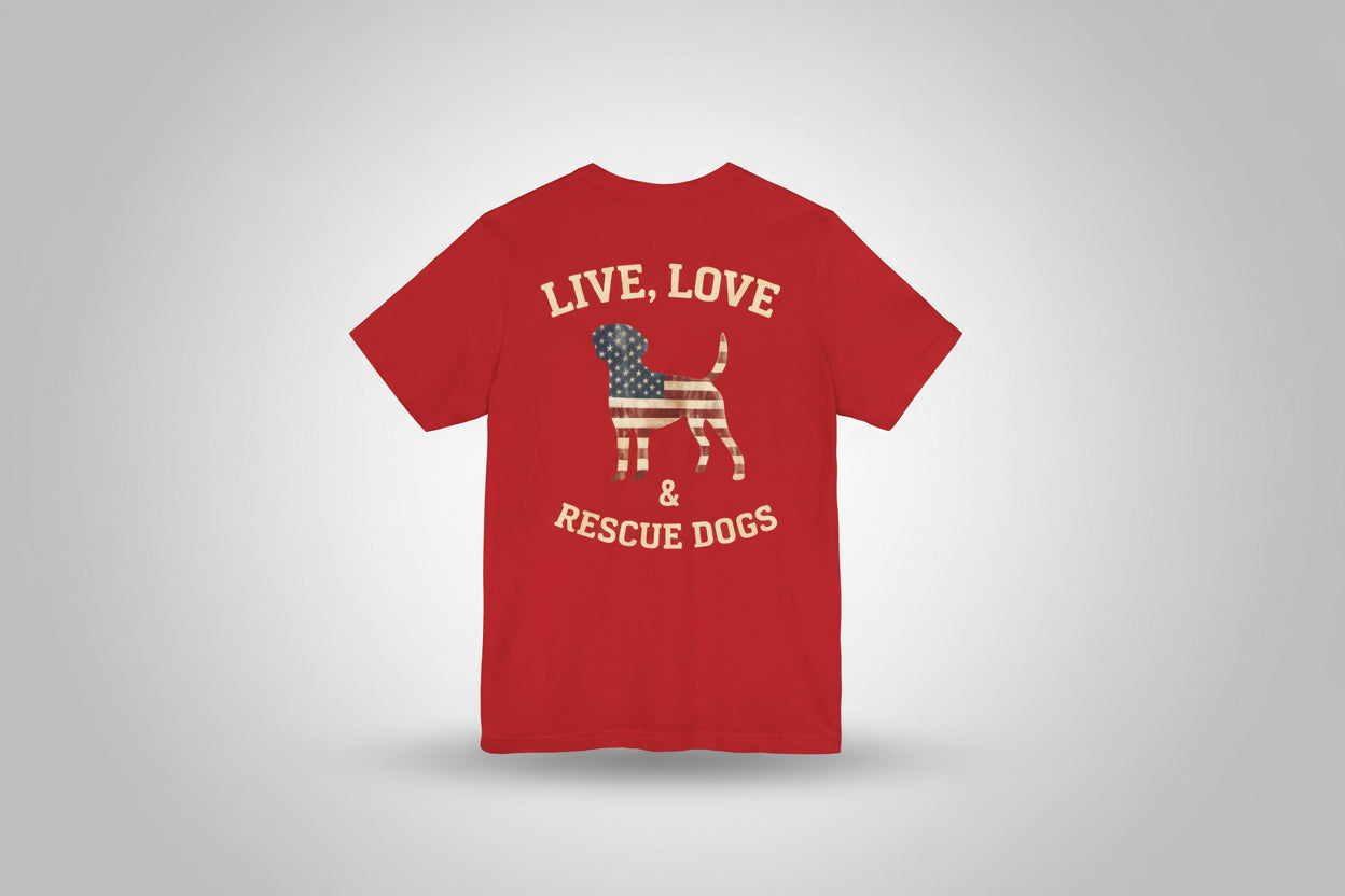 Live, Love & Rescue Dogs T-Shirt American Flag Rescue Dog Tee