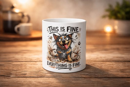 Color-Changing Blue Heeler Mug – "This Is Fine, Everything Is Fine" Funny Australian Cattle Dog Coffee Cup, 11oz