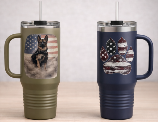 40oz Insulated Travel Mug — K9 Police Dog with American Flag