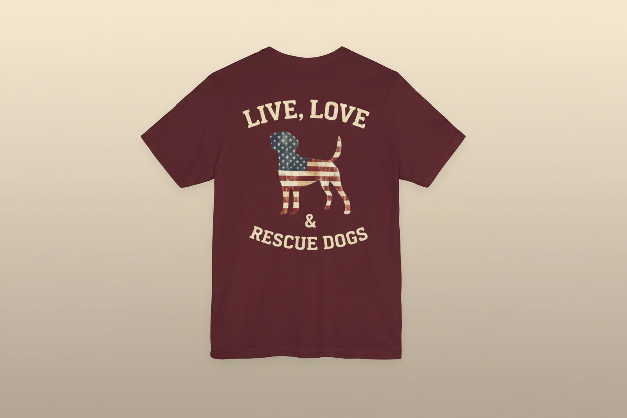Live, Love & Rescue Dogs T-Shirt American Flag Rescue Dog Tee