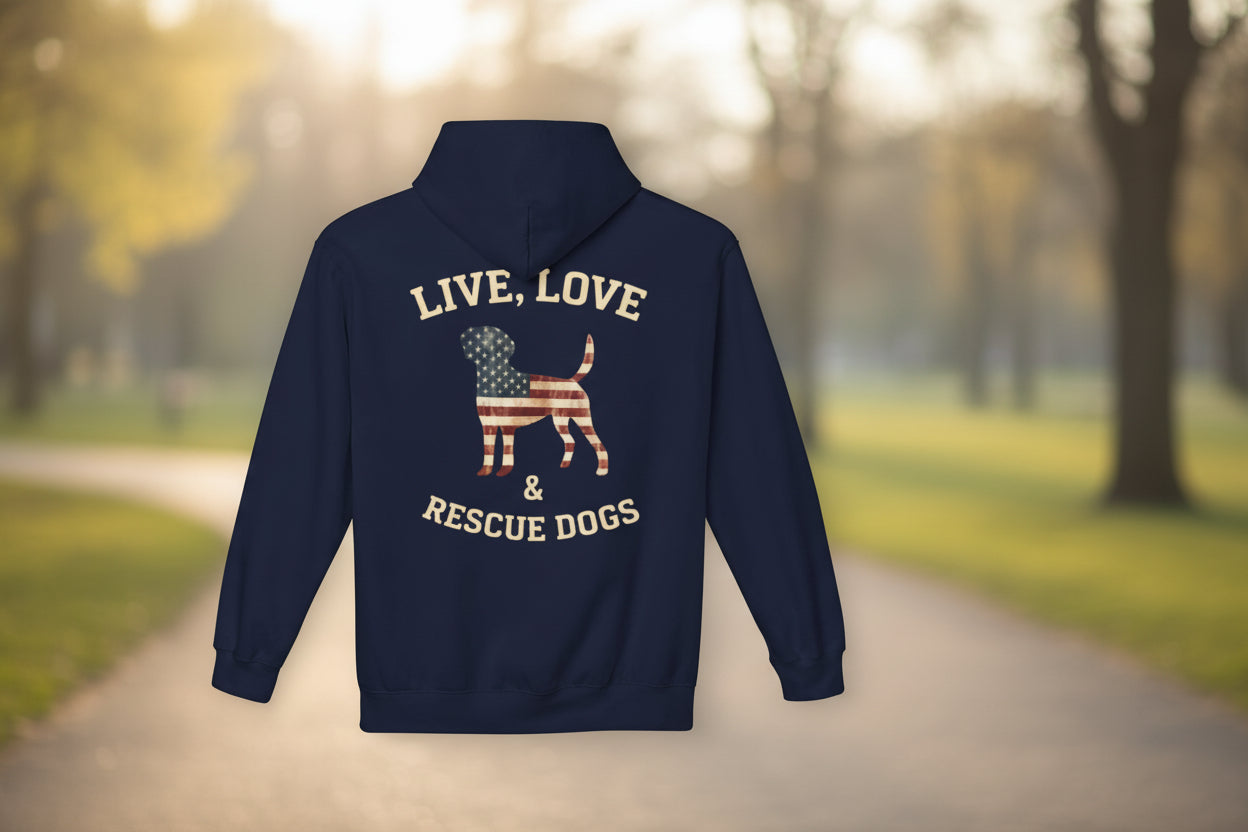 Rescue Dogs American Flag Hoodie "Live, Love & Rescue Dogs" Paw-Lover Pullover