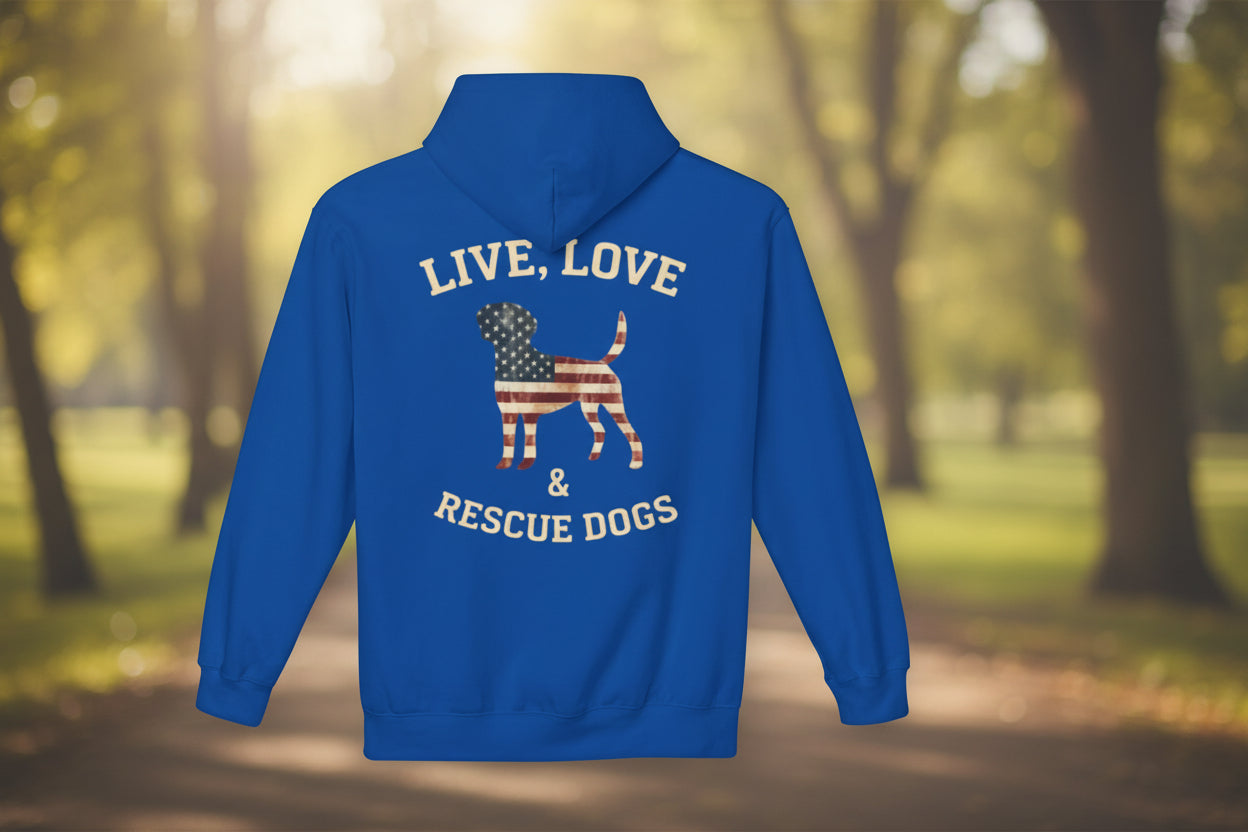 Rescue Dogs American Flag Hoodie "Live, Love & Rescue Dogs" Paw-Lover Pullover