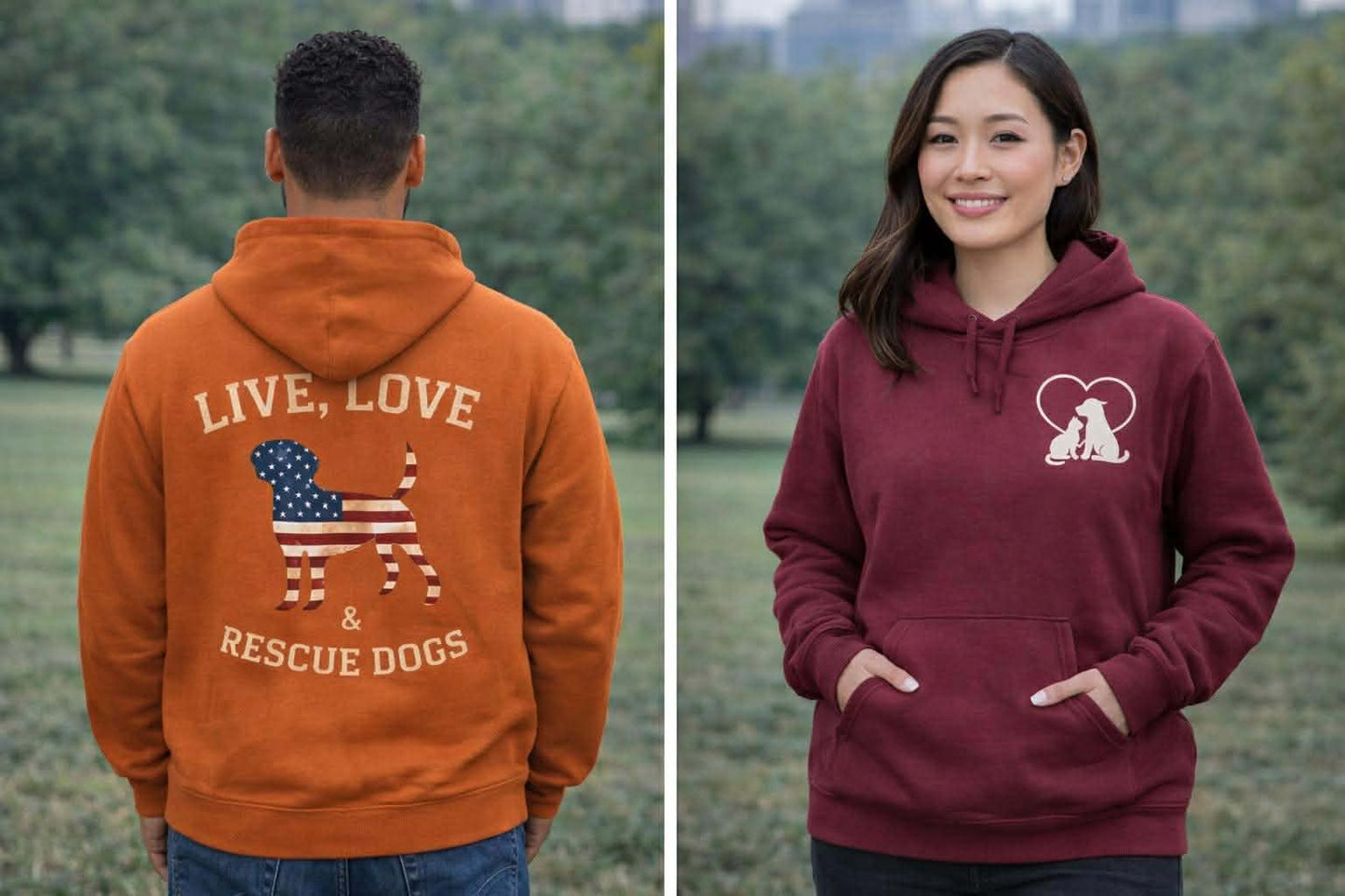 Rescue Dogs American Flag Hoodie "Live, Love & Rescue Dogs" Paw-Lover Pullover