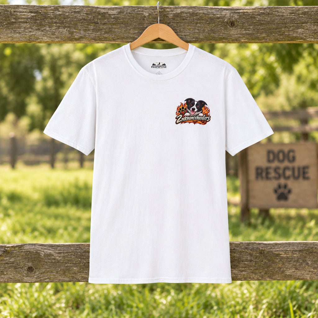 White t-shirt with a logo on the chest against a white background