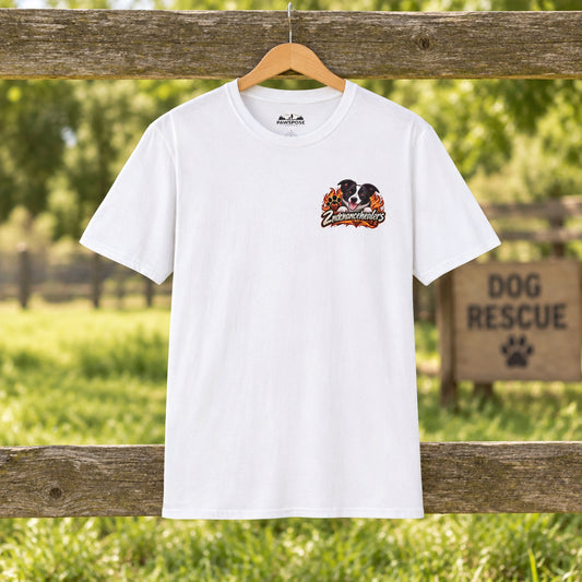 White t-shirt with a logo on the chest against a white background