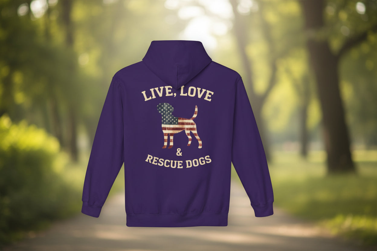 Rescue Dogs American Flag Hoodie "Live, Love & Rescue Dogs" Paw-Lover Pullover