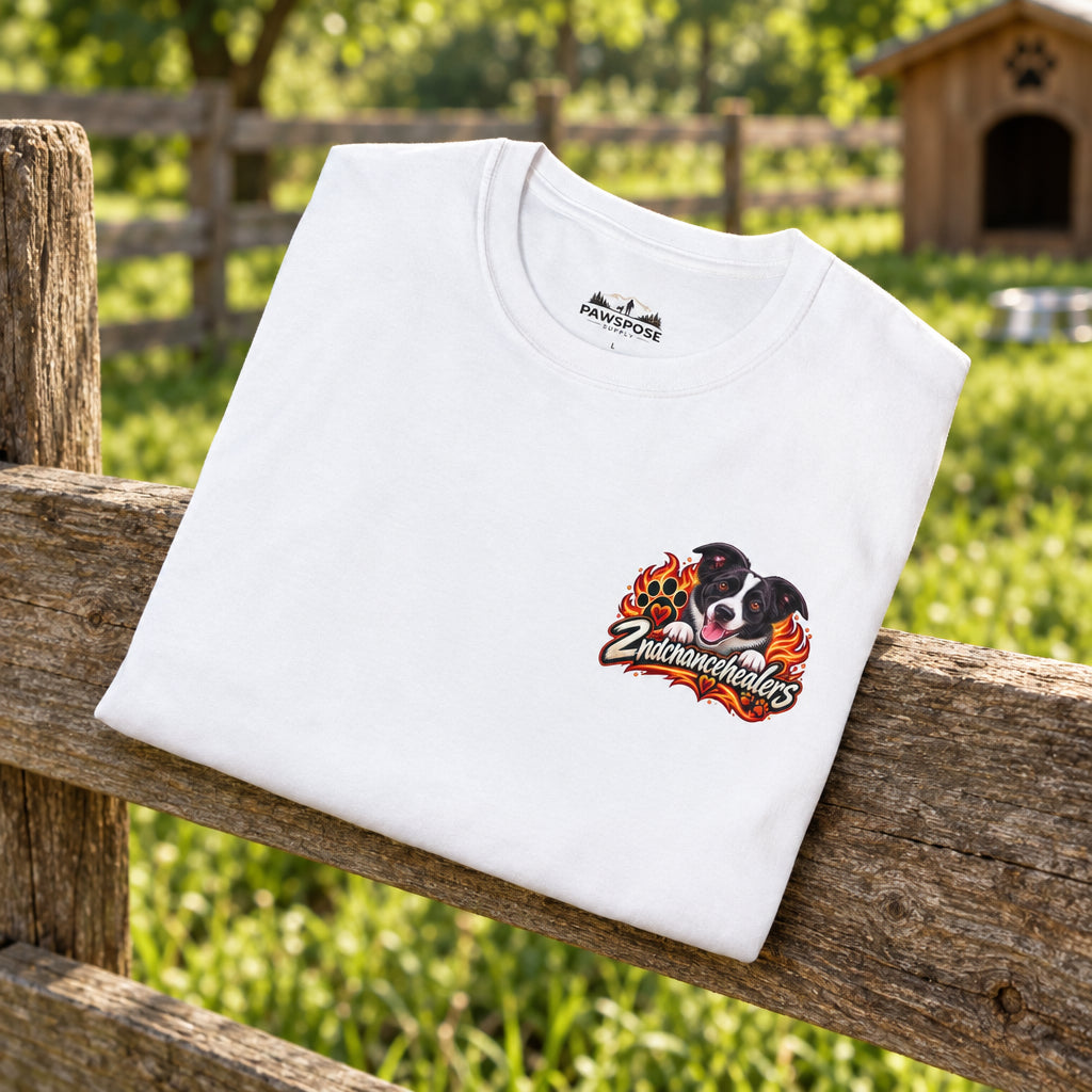 A folded white crewneck t-shirt with a graphic on the left chest showing a Boston Terrier dog with flames and the text 'Endurance Headers'. The inner neck label shows the brand 'Endurance Headers'.
