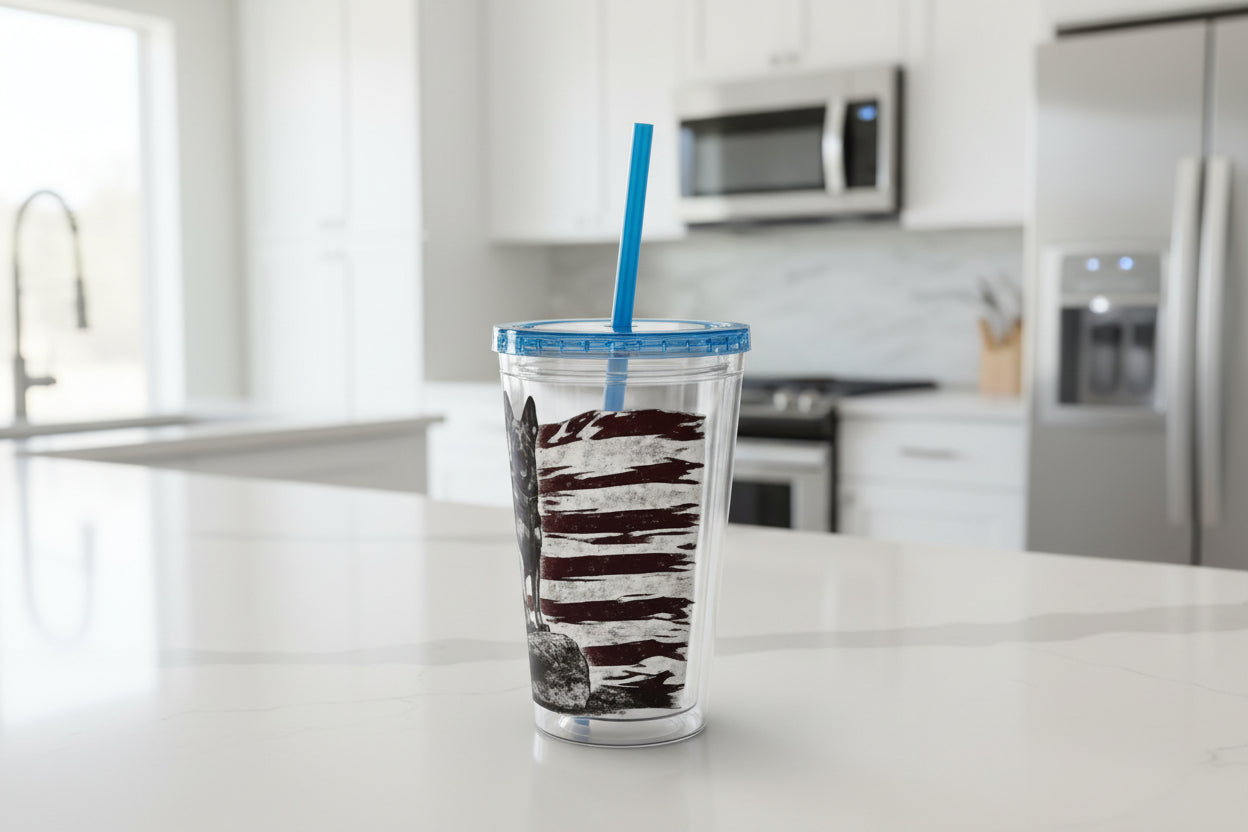 American Flag K9 Tumbler 16oz Insulated Straw Cup