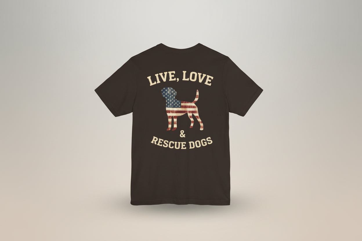 Live, Love & Rescue Dogs T-Shirt American Flag Rescue Dog Tee