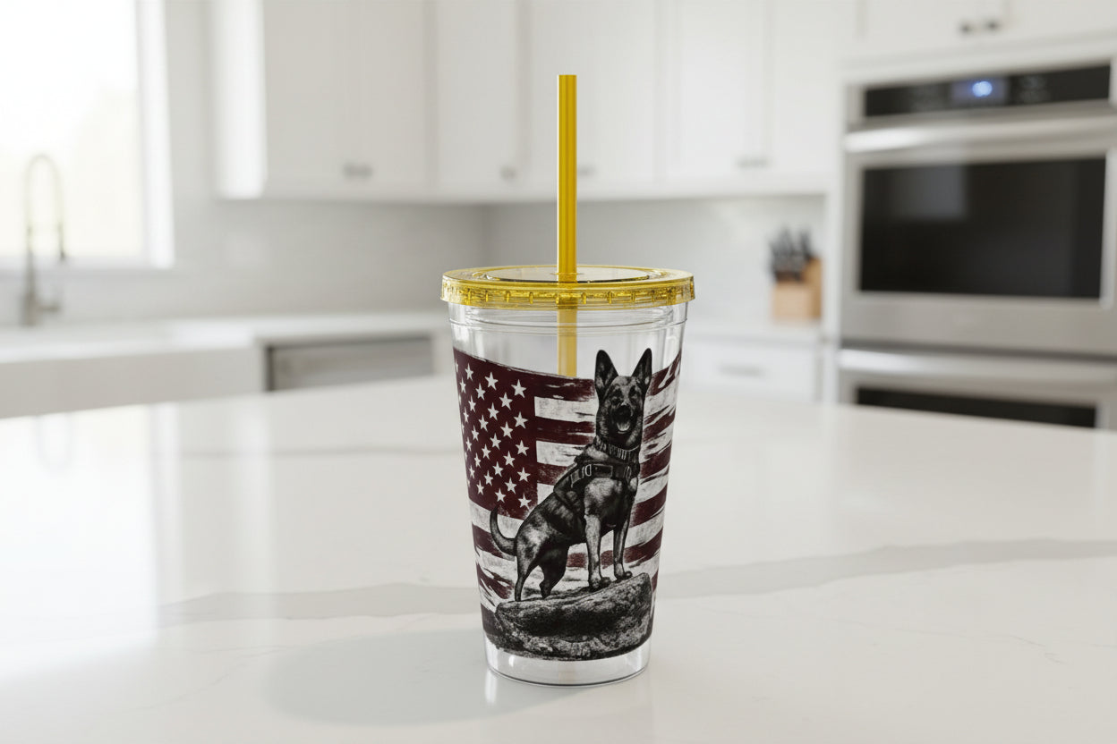 American Flag K9 Tumbler 16oz Insulated Straw Cup
