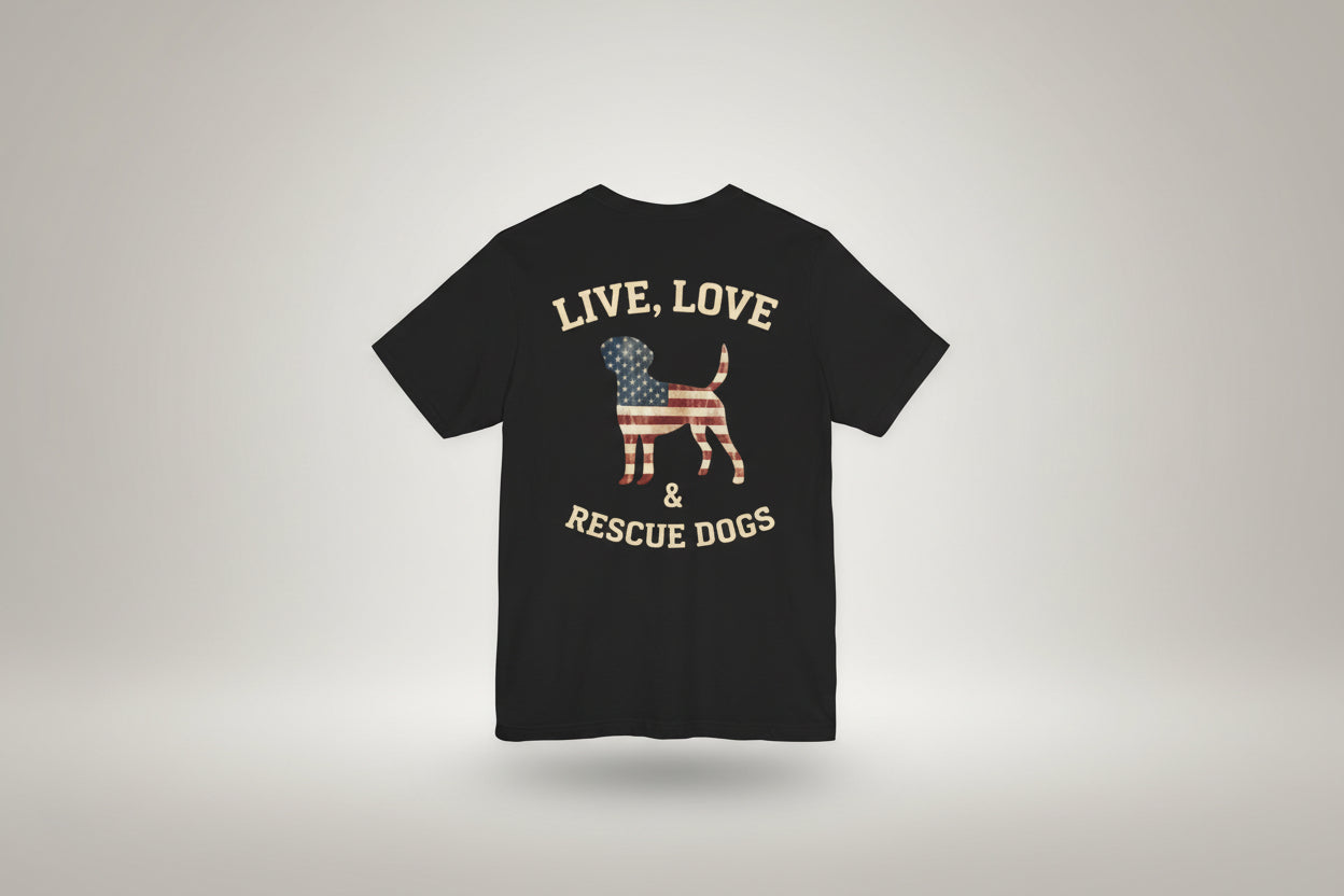 Live, Love & Rescue Dogs T-Shirt American Flag Rescue Dog Tee