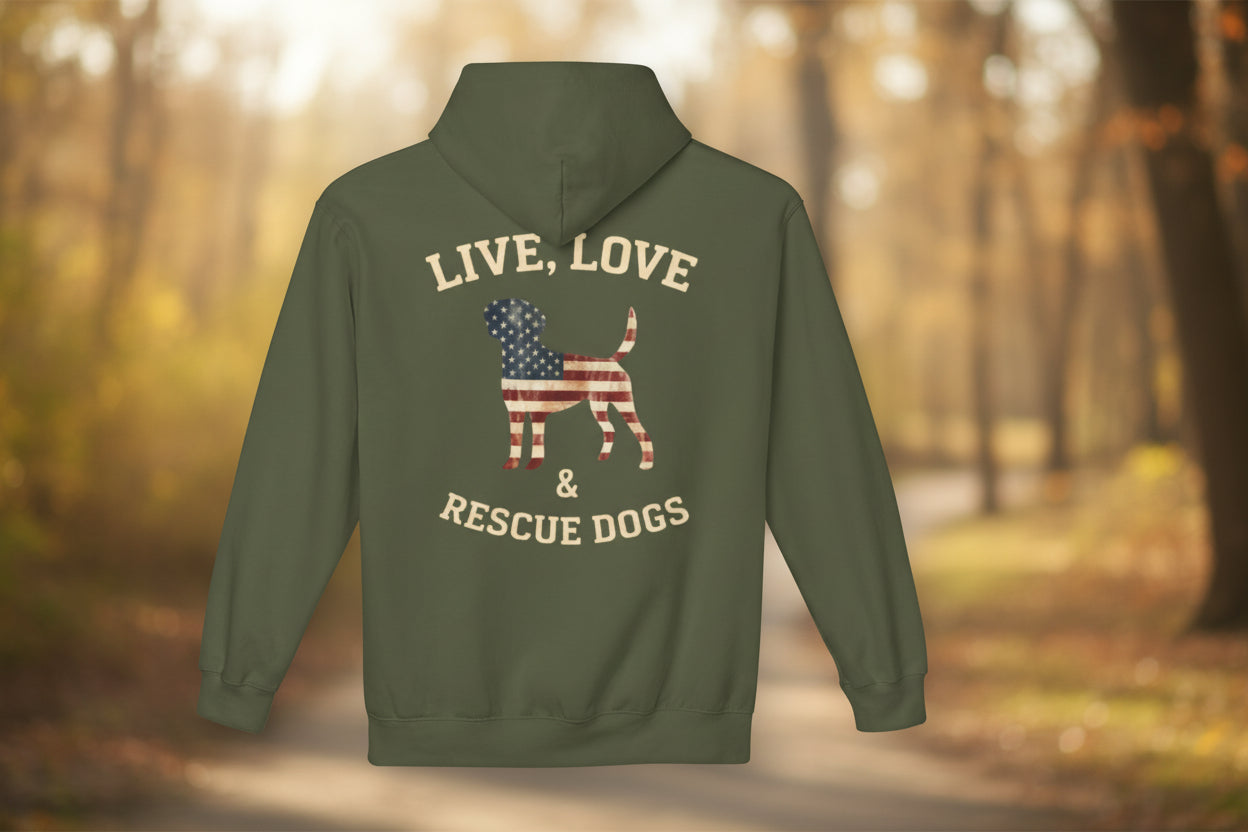Rescue Dogs American Flag Hoodie "Live, Love & Rescue Dogs" Paw-Lover Pullover