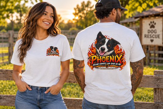 Two models wearing white Phoenix T-shirts, showing a small front dog graphic and a large back design with a black-and-white dog, orange flames, and “Second Chances Look Good on Me.”