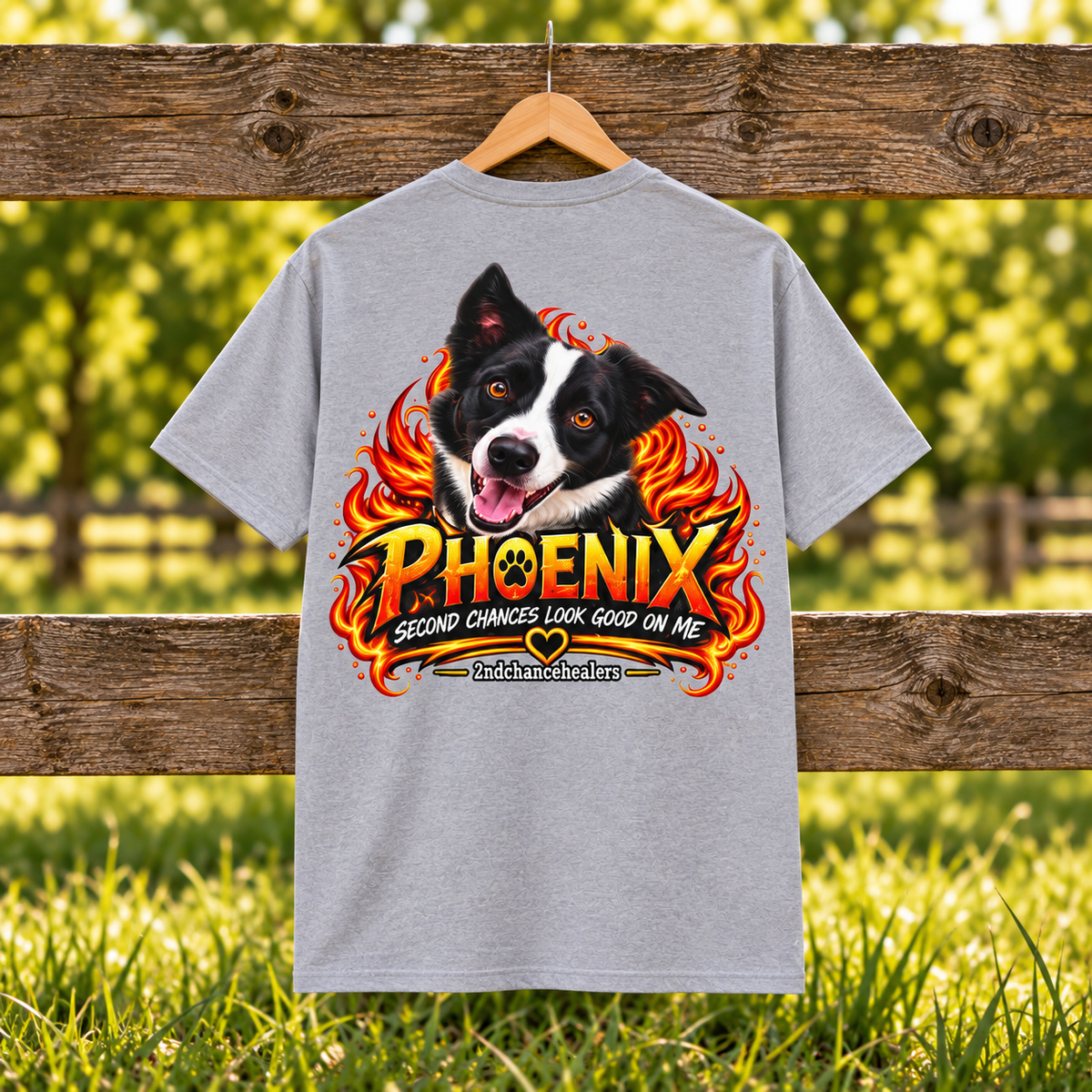 A light gray t-shirt hanging on a wooden fence in a grassy outdoor setting. The shirt features a large graphic print of a black and white dog's face surrounded by flames, with the text 'PHOENIX SECOND CHANCES LOOK GOOD ON ME' and a small 'Buckeye Ridge Kennels' logo.