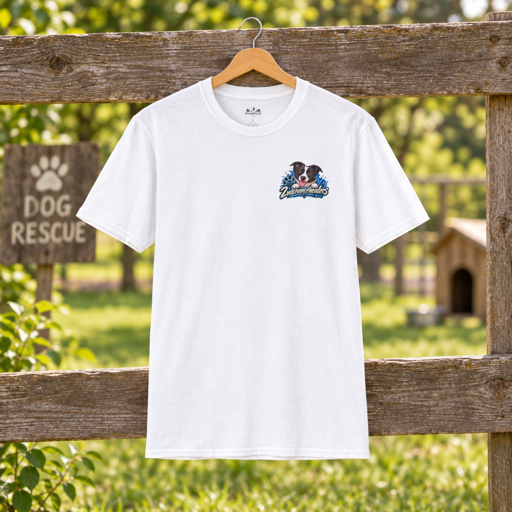 White t-shirt with a logo on a white background