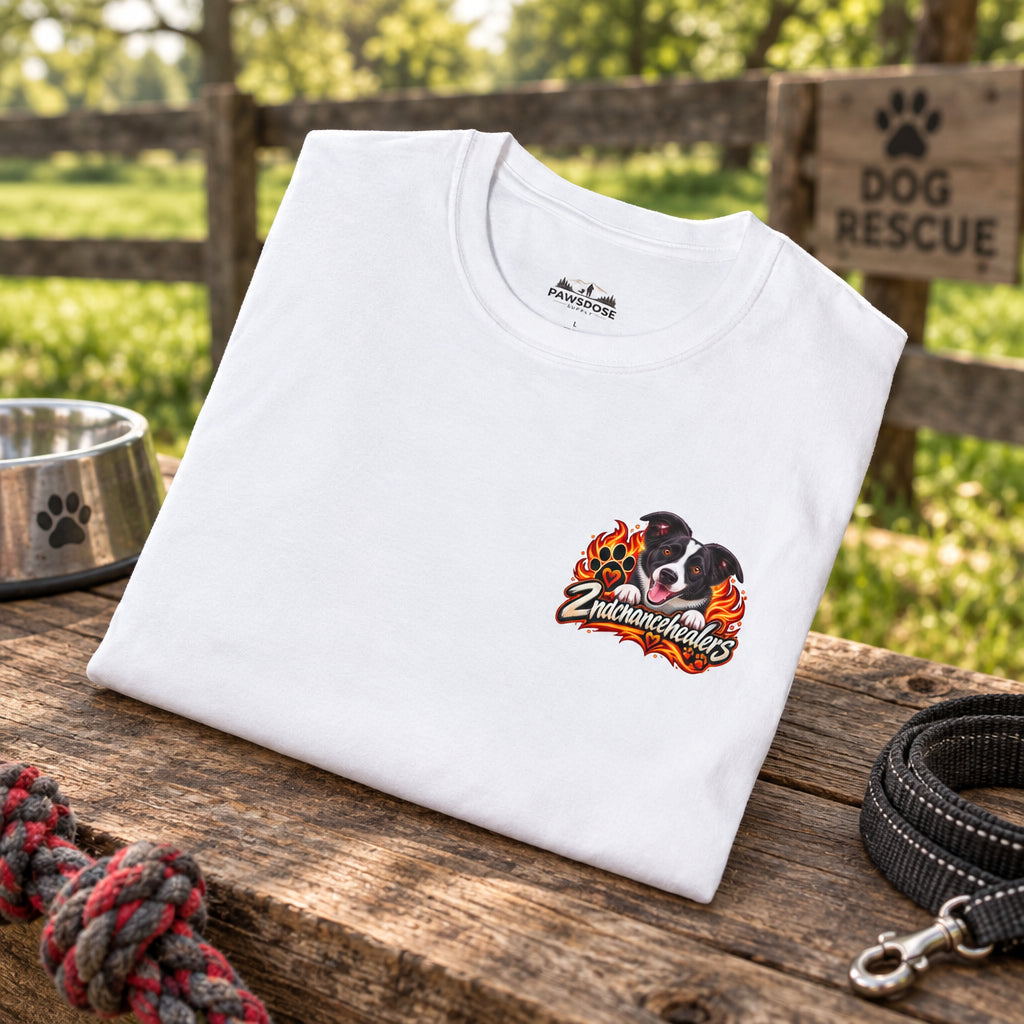 A folded white crewneck t-shirt with a small graphic on the left chest featuring a black and white dog with flames and the text 'Endmonkeys'.