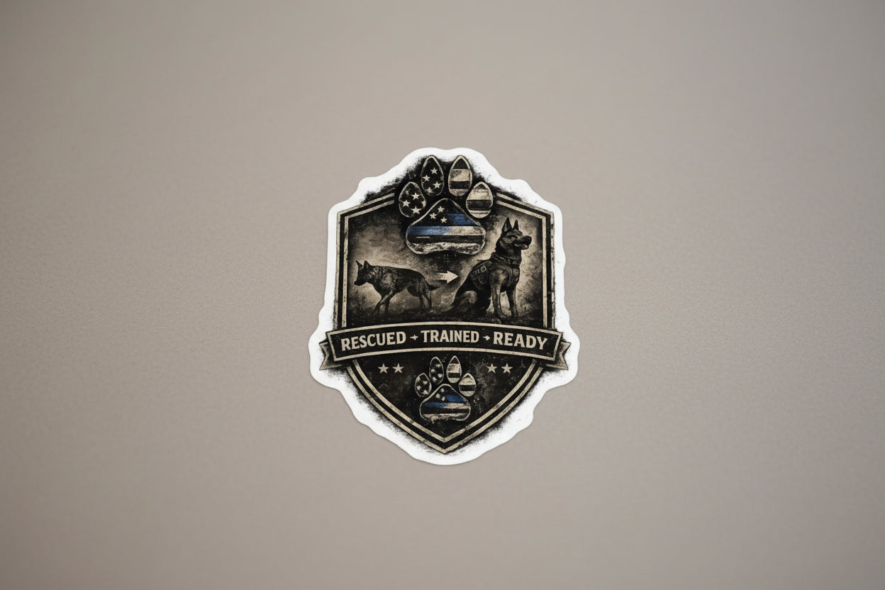 K9 Rescue & Training Sticker — "Rescued • Trained • Ready" Badge