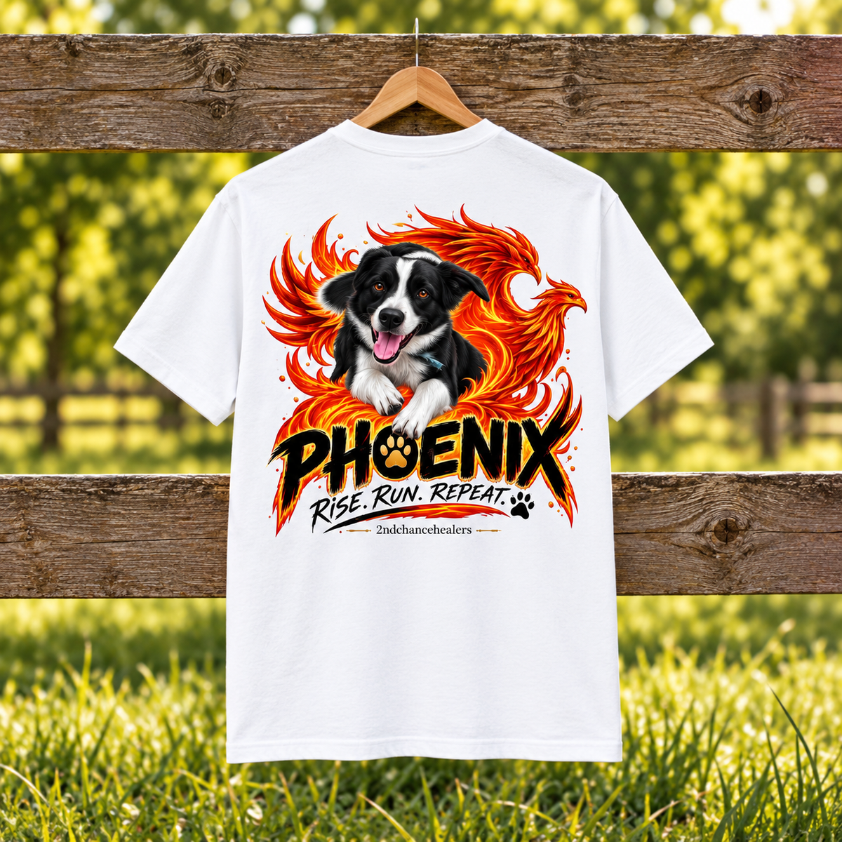 A white short-sleeve T-shirt hanging on a wooden fence outdoors, featuring a large graphic print of a black-and-white dog surrounded by fiery orange and red phoenix imagery, with the text 'PHOENIX RISE RUN REPEAT' and small '2ndChanceHealers' branding.