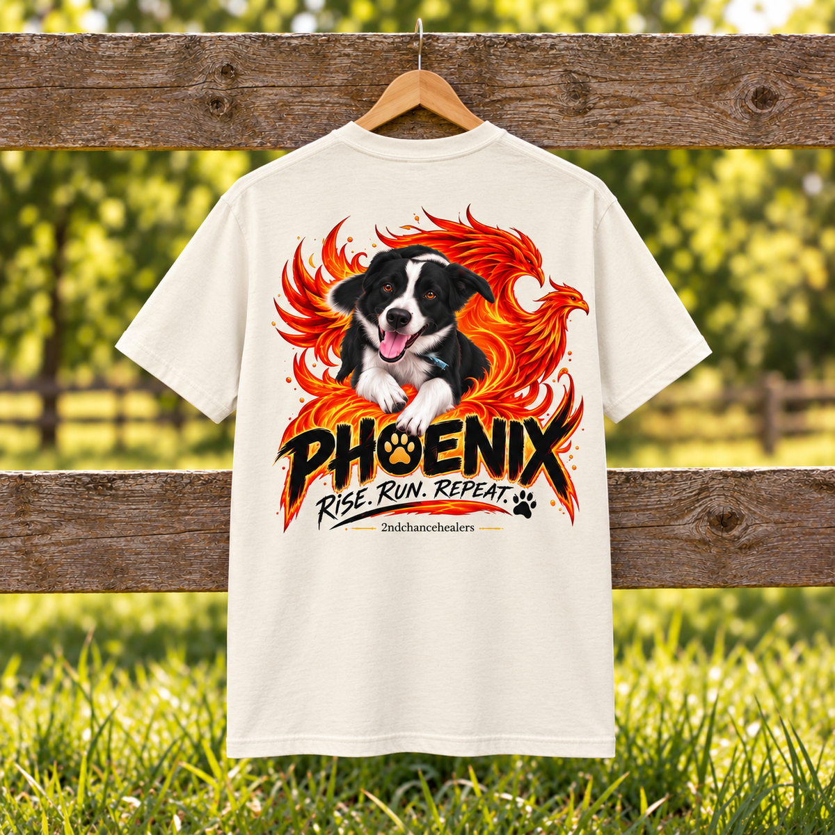 An off-white short-sleeve t-shirt hanging on a wooden fence in a grassy outdoor setting. The shirt features a large graphic print of a black and white dog surrounded by orange and red flames, with the text 'PHOENIX RISE.