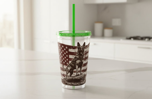 American Flag K9 Tumbler 16oz Insulated Straw Cup