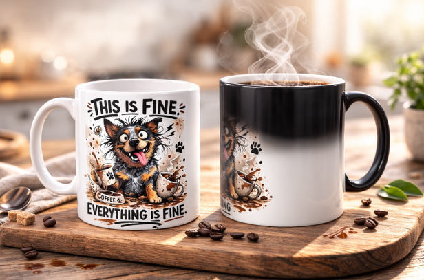 Color-Changing Blue Heeler Mug – "This Is Fine, Everything Is Fine" Funny Australian Cattle Dog Coffee Cup, 11oz