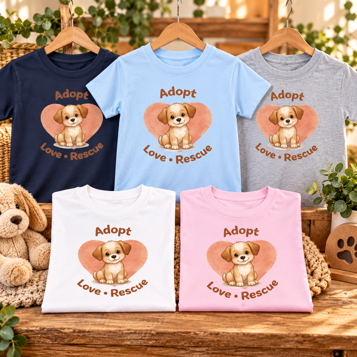 Kids “Adopt Love Rescue” Puppy T-Shirt – Cute Rescue Dog Graphic Tee