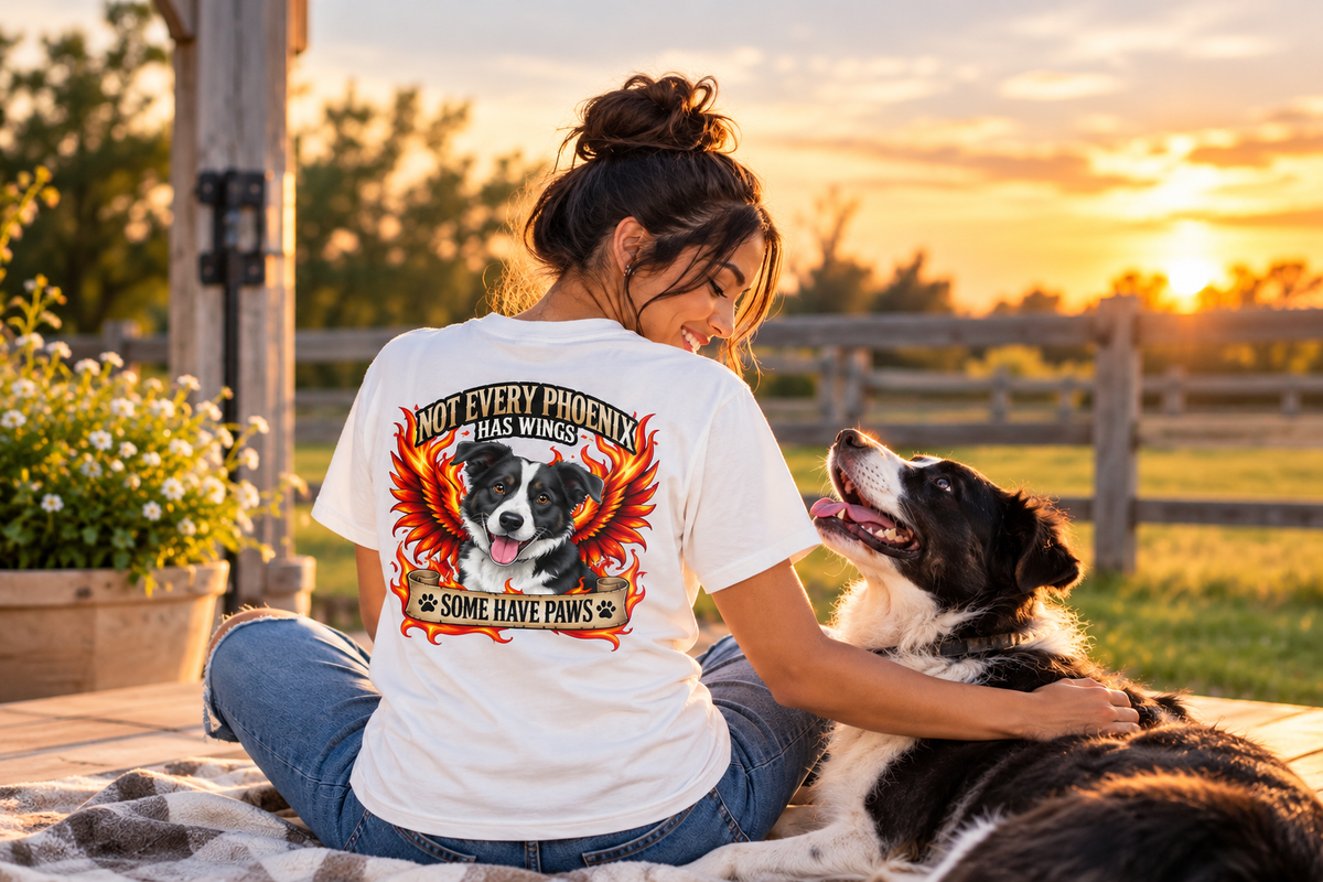 Model seated beside a black-and-white dog, showing a white T-shirt’s back design with a dog, fiery orange wings, and “Not Every Phoenix Has Wings, Some Have Paws.”