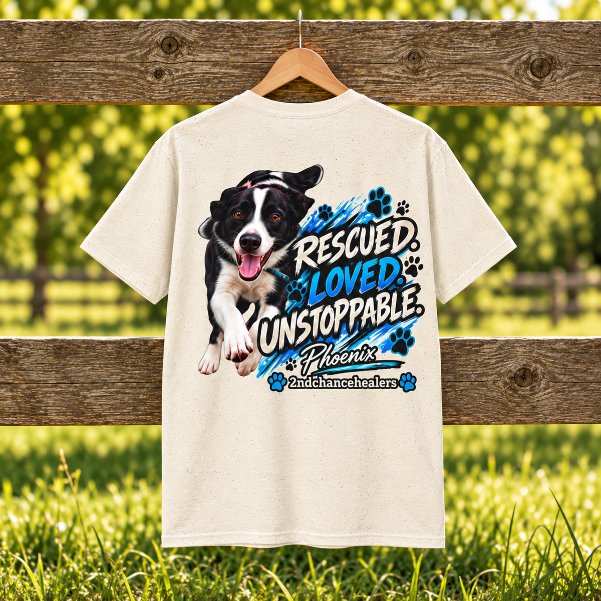 A cream-colored short-sleeve t-shirt hanging on a wooden hanger from a rustic wooden fence, set against a blurred green grassy background. The back of the shirt features a large graphic print of a black and white dog running alongside the text 'RESCUED LOVED UNSTOPPABLE Phoenix' and '2addchancesters' in blue and white lettering with paw prints.