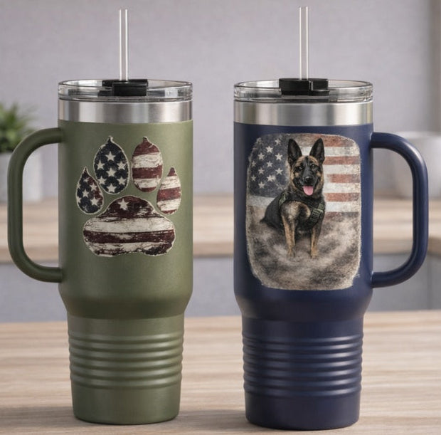 40oz Insulated Travel Mug — K9 Police Dog with American Flag